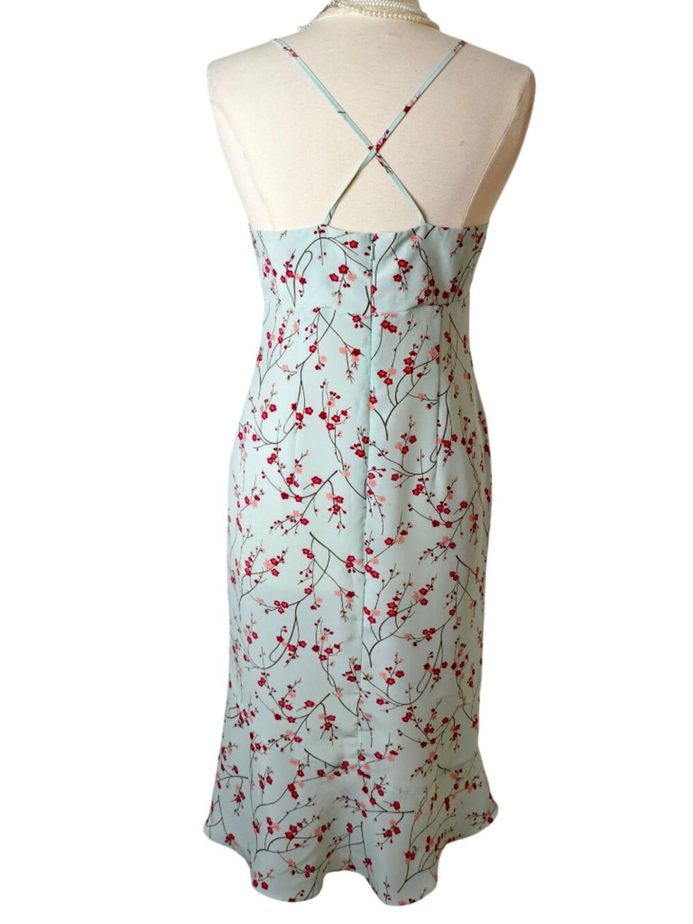 Vtg Express Womens 9/10 Dress Cherry Blossom Mint Green Y2K Cross-Back 90's - Picture 3 of 6